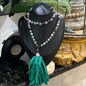 Elegant Green Beaded Necklace with Tassel. J104